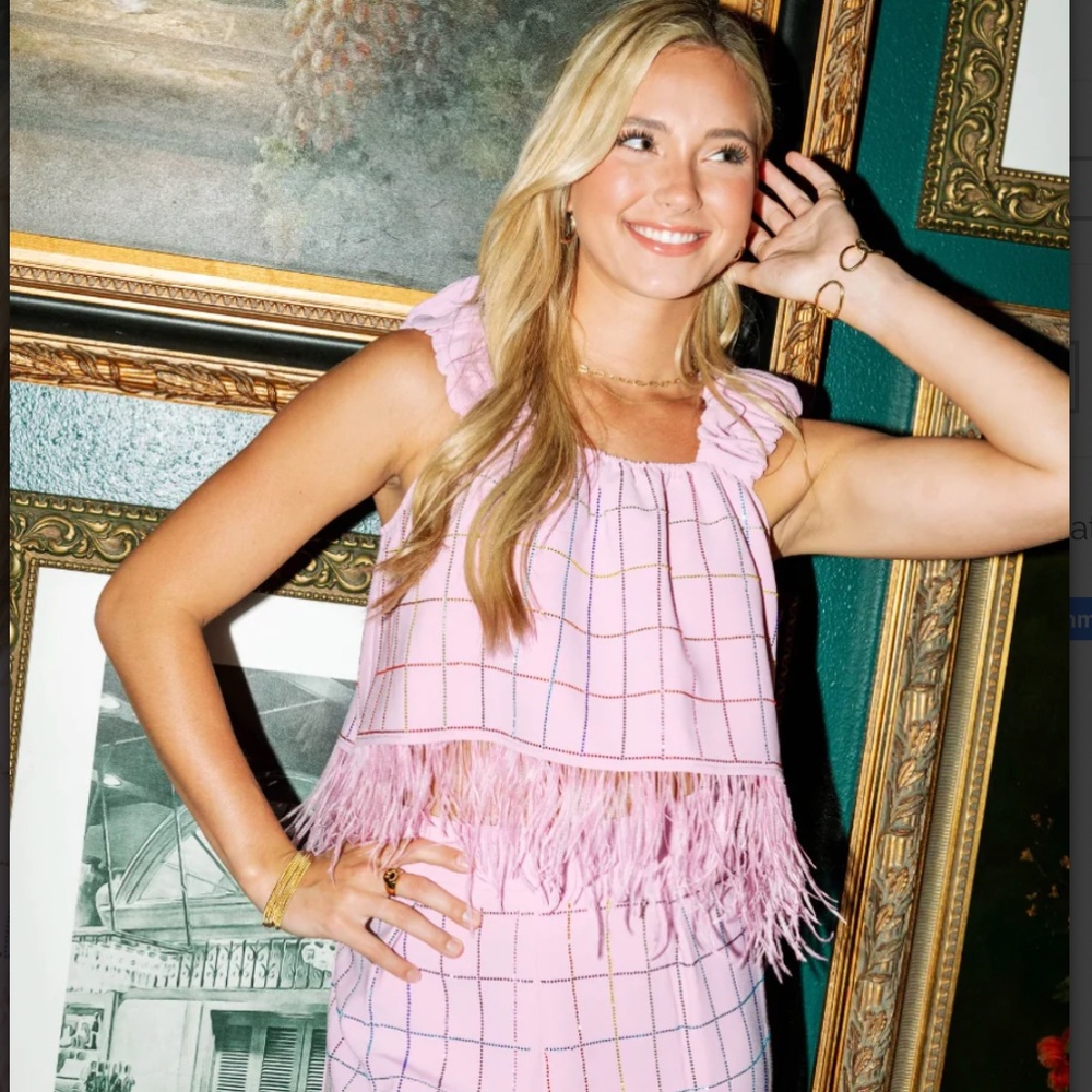 QUEEN OF SPARKLES Pink Feather-Trim Grid Tank Top